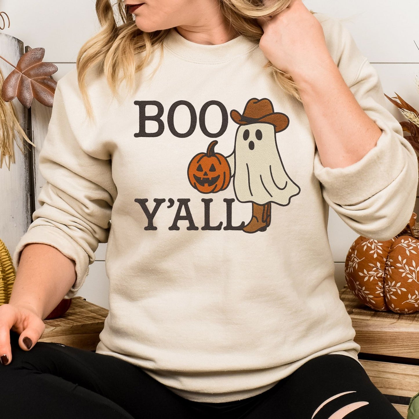 Boo Y’all Ghost Cowboy Embroidered Sweatshirt | Western Fall Halloween Crewneck