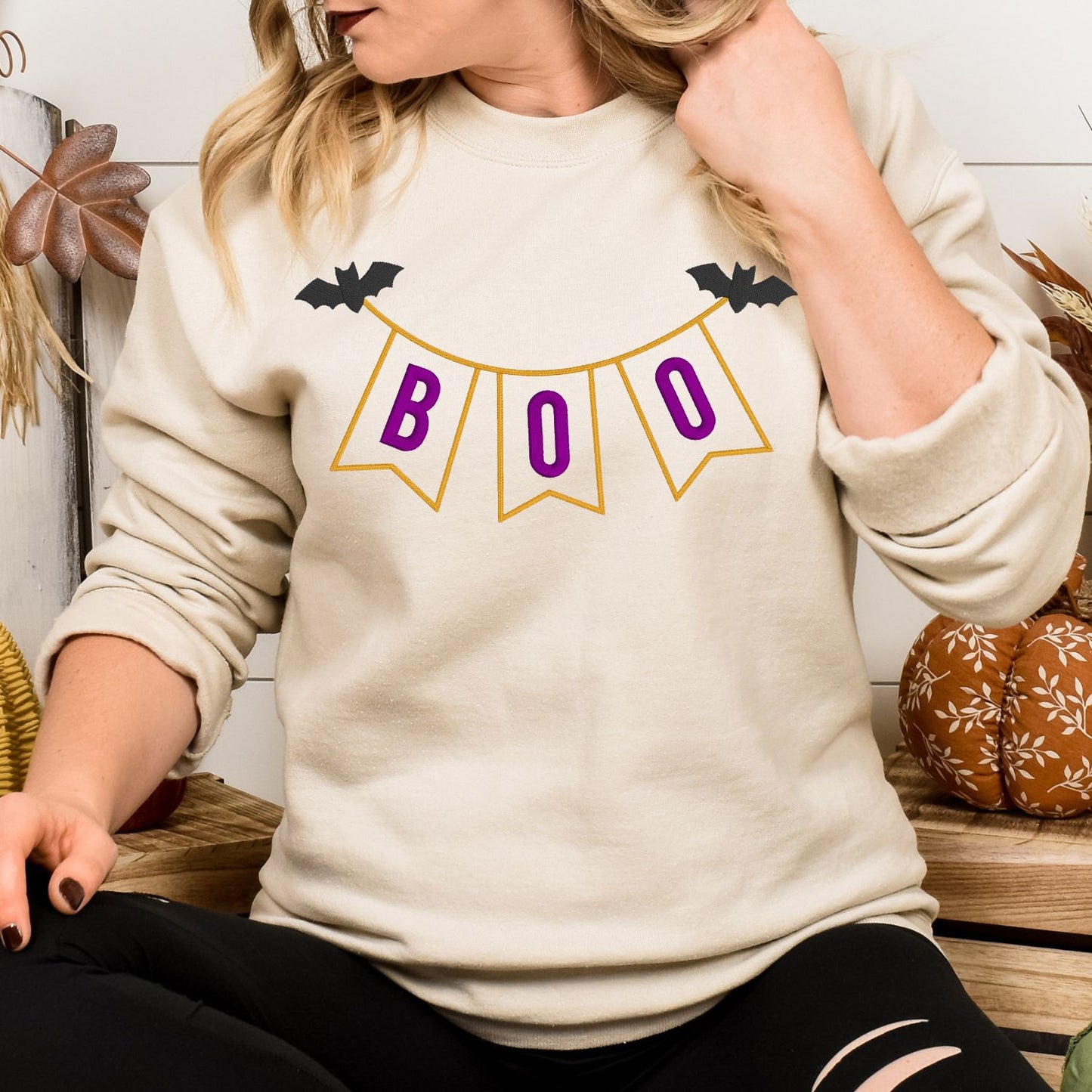 Halloween BOO Banner Applique Embroidery Shirt | Fall Pumpkin Patch Outfit | Spooky Season Sweatshirt | Cute Bats & Pennant Top