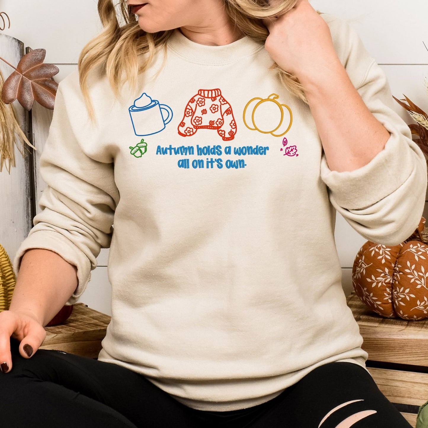 Cozy Autumn Embroidered Sweatshirt – Fall Sweater, Pumpkin, and Coffee Outline – Autumn Quote Embroidery Gift