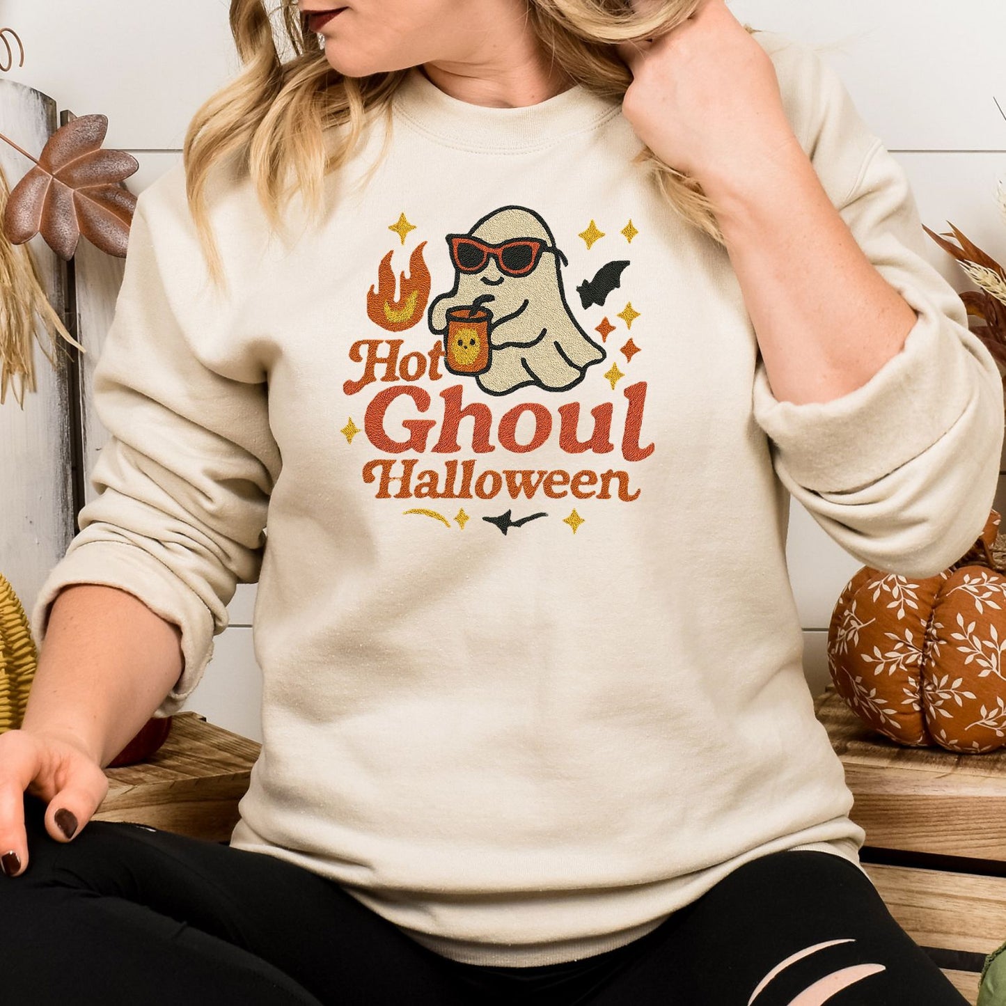 Hot Ghoul Halloween Embroidered Sweatshirt | Cozy Fall Ghost Crewneck | Spooky Season Pullover for Women