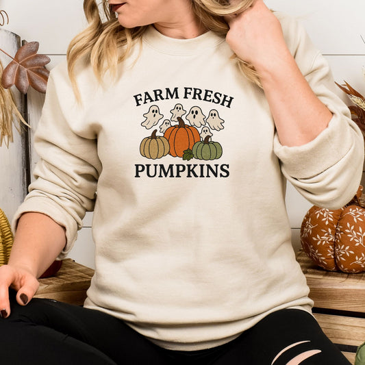 Farm Fresh Pumpkins and Ghosts Sweatshirt – Cozy Fall Embroidered Crewneck for Autumn Lovers