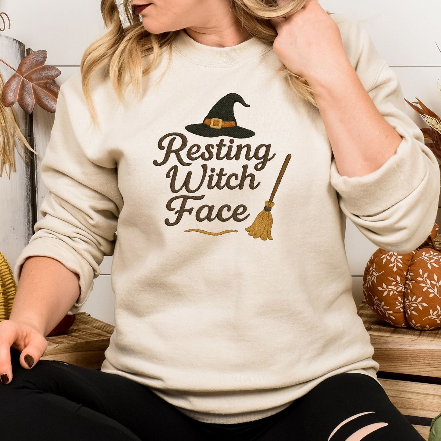 Witchy Embroidered Halloween Sweatshirt – Cozy “Resting Witch Face” Pullover for Spooky Season Vibes
