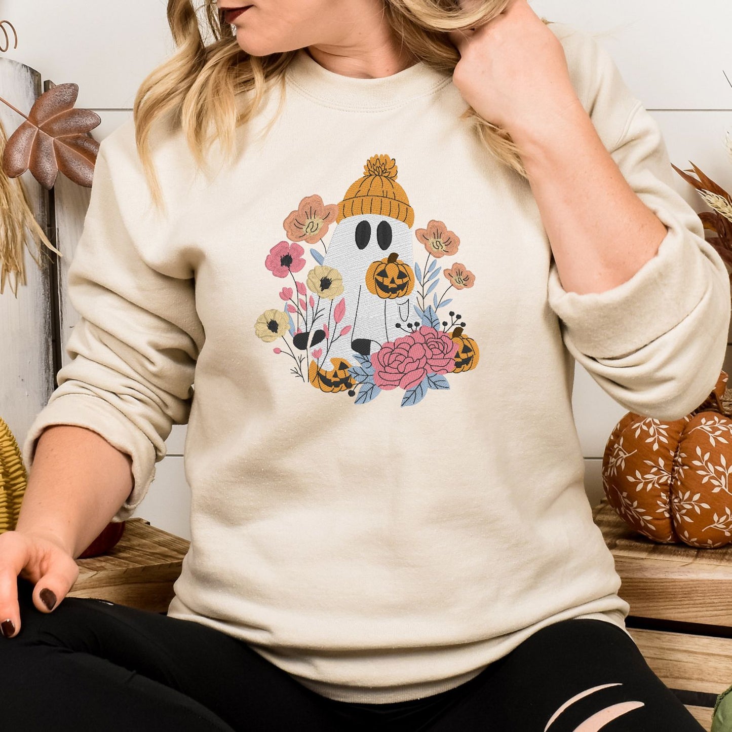 Floral Ghost Sweatshirt – Cozy Fall Embroidered Halloween Pullover
