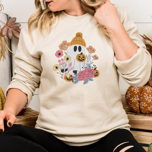 Floral Ghost Sweatshirt – Cozy Fall Embroidered Halloween Pullover