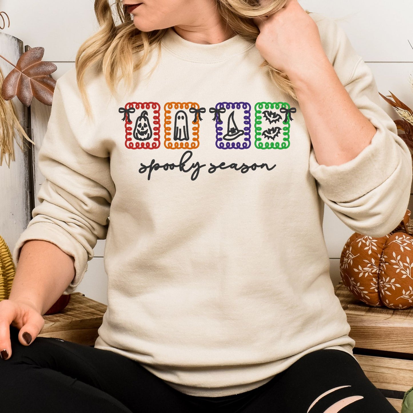 Spooky Season Embroidered Halloween Sweatshirt – Cute Ghost Fall Crewneck for Women