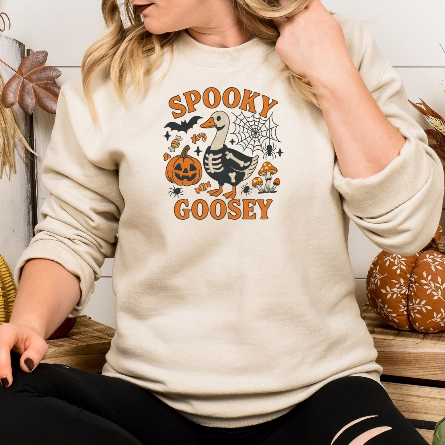Spooky Goose Skeleton Embroidered Halloween Sweatshirt – Funny Fall Crewneck