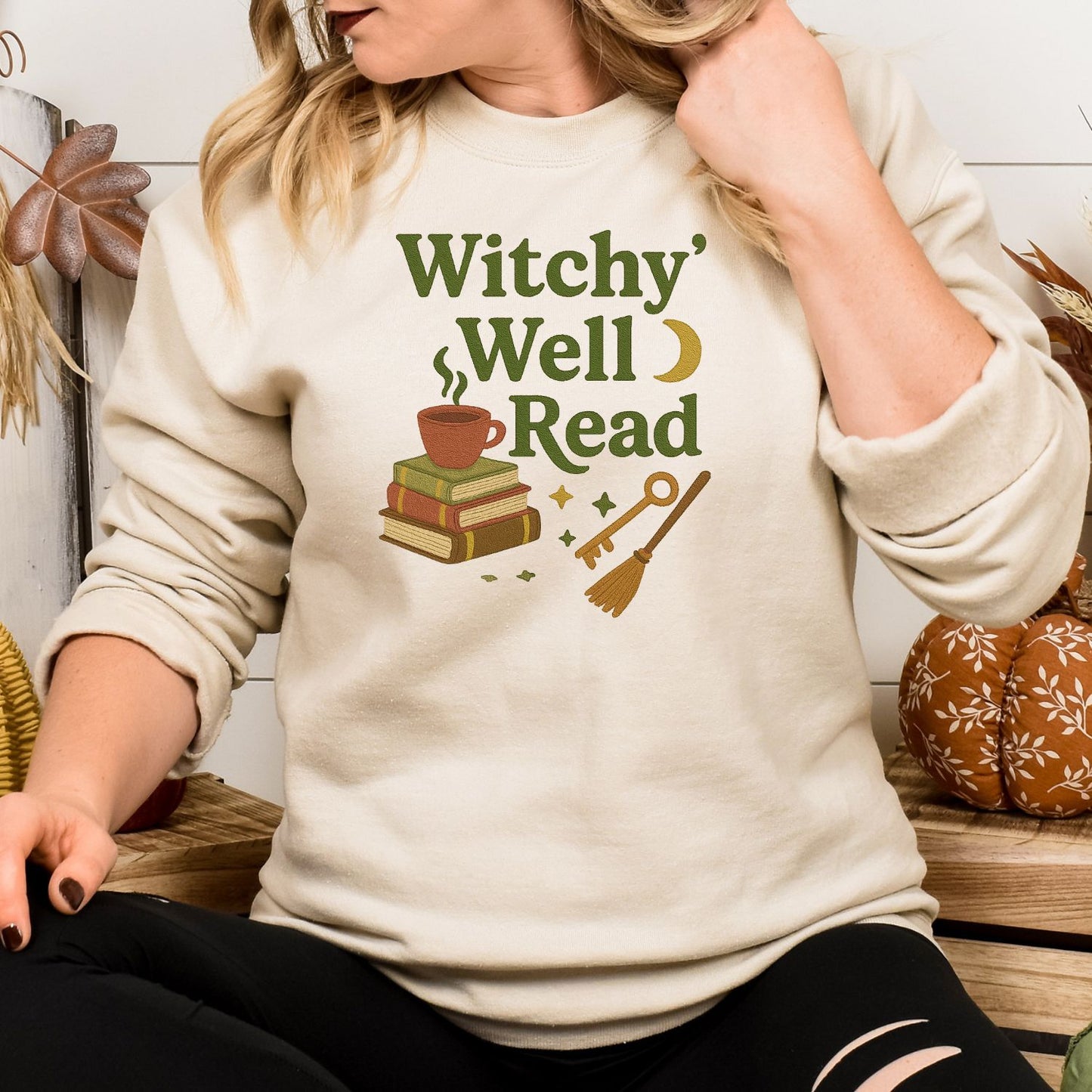 Witchy Book Lover Embroidered Sweatshirt – Spooky Autumn Cozy Reading Crewneck
