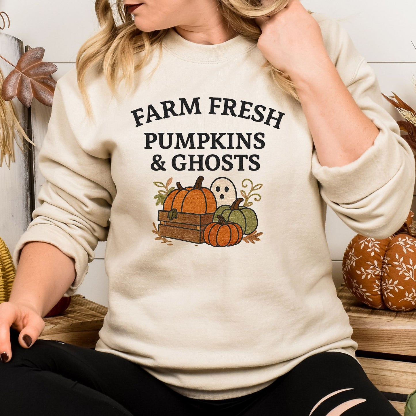 Farm Fresh Halloween Sweatshirt – Ghost & Pumpkin Embroidery Fall Crewneck