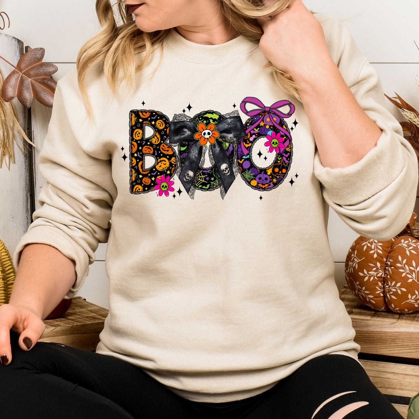 BOO Halloween Shirt – Cute Spooky Bow Graphic Tee | Colorful Pumpkin & Skull Shirt | Pastel Goth Halloween Shirt | Purple Fall Aesthetic Tee