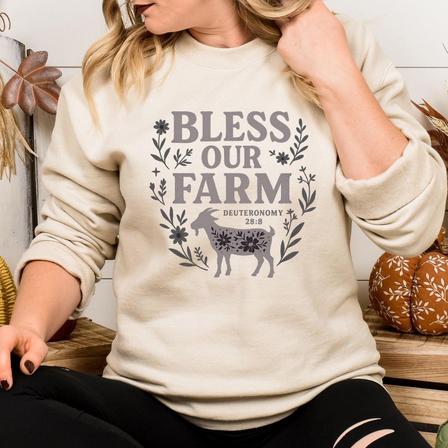 Bless Our Farm Sweatshirt | Inspirational Farm Quote Shirt with Goat and Floral Design | Christian Country Living Pullover
