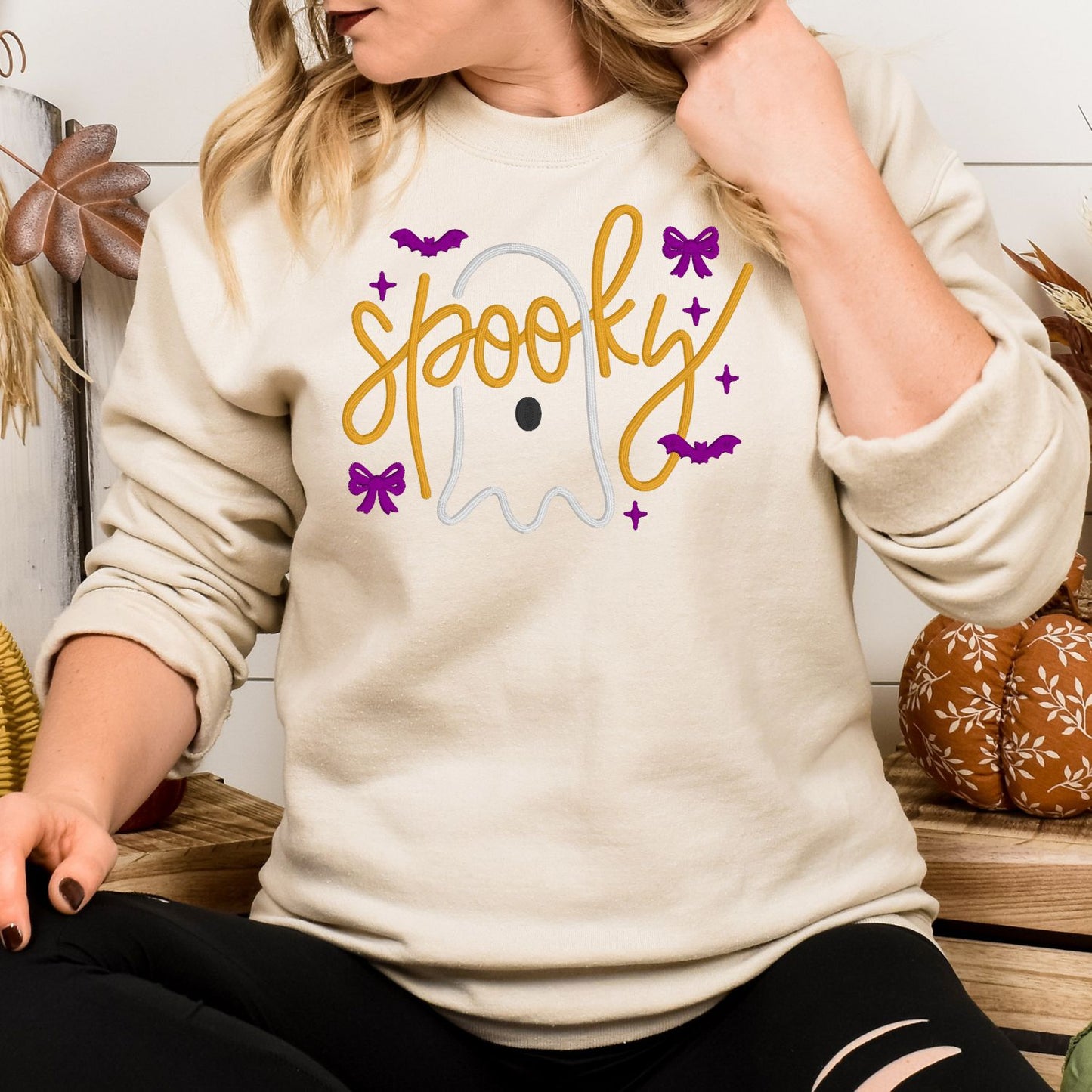 Spooky Cute Ghost Bow Embroidered Halloween Sweatshirt – Cozy Fall Crewneck for Women