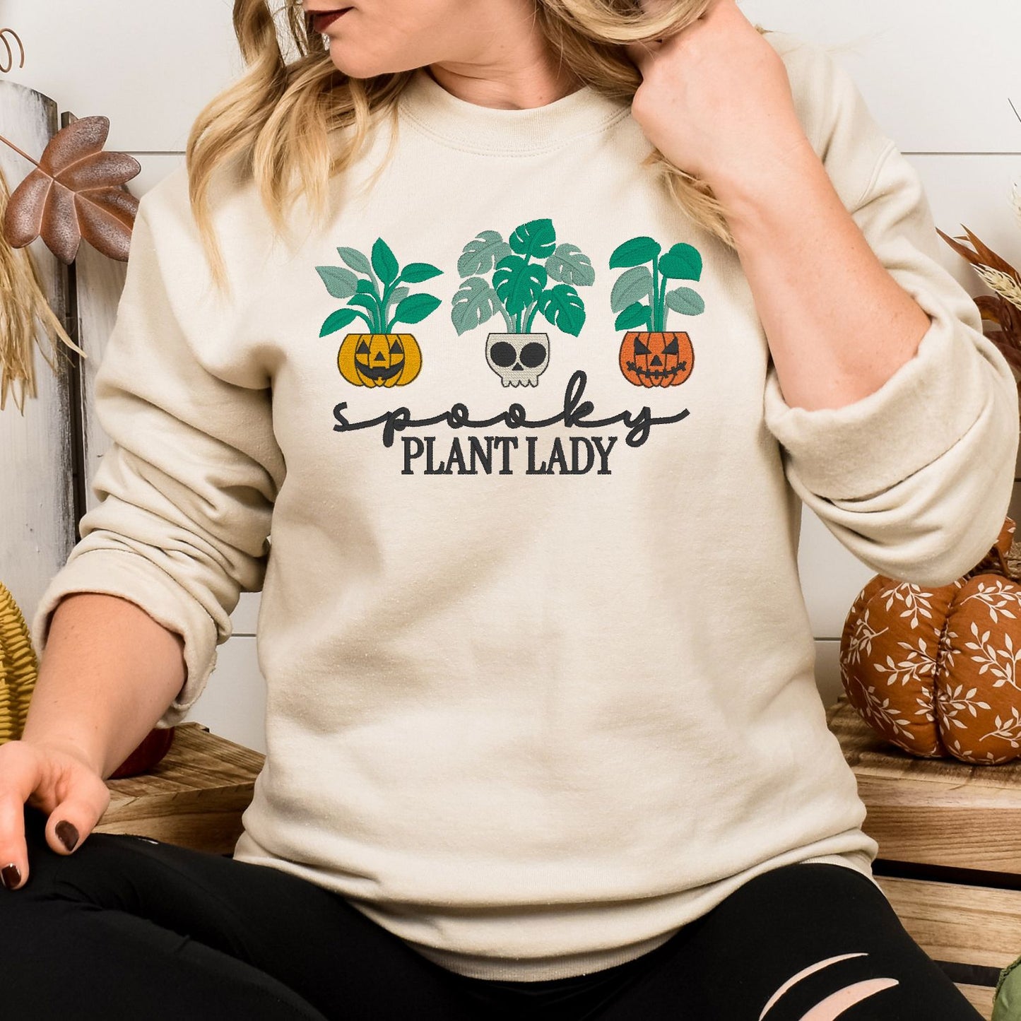 Spooky Plant Lady Halloween Sweatshirt – Jack-o'-Lantern Embroidery – Plant Mom Fall Crewneck