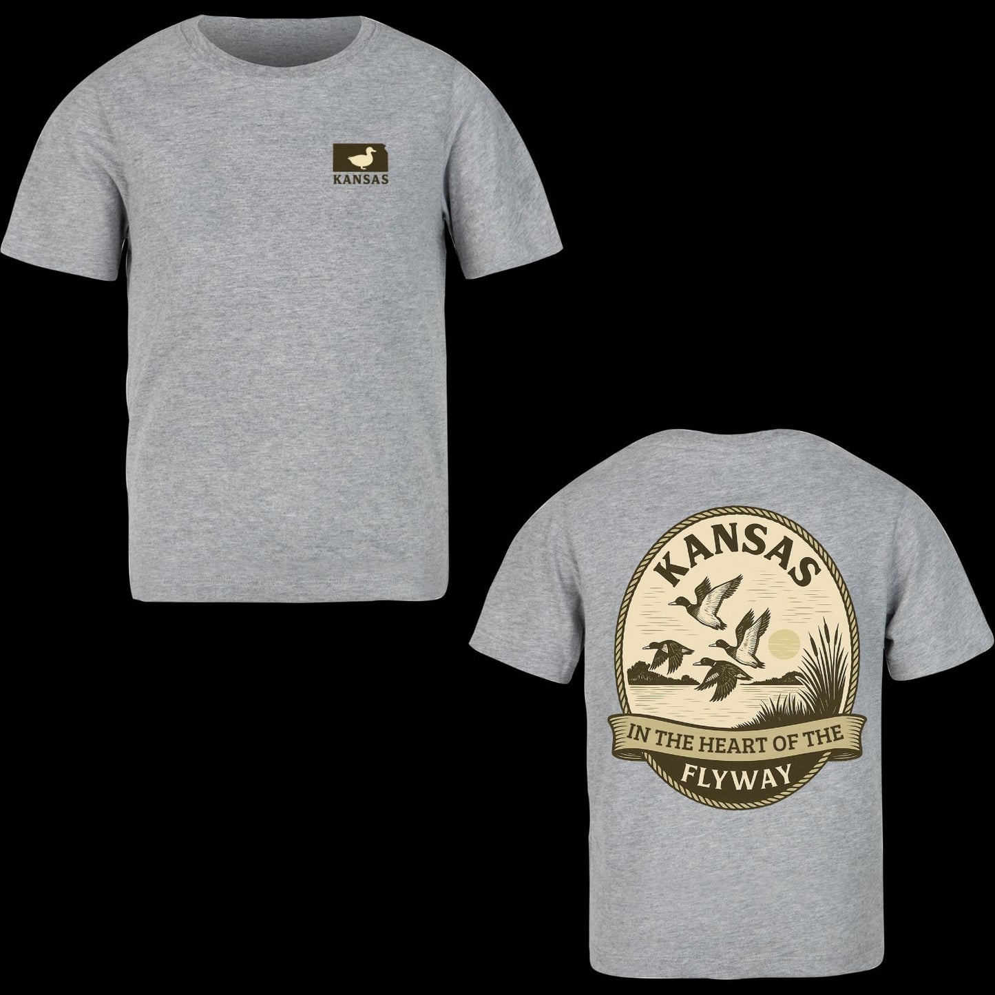 Kansas Duck Hunting T-Shirt – “In the Heart of the Flyway” – Waterfowl Hunter Shirt – Duck Hunting Apparel – Men’s & Women’s Outdoor Camo Style Tee – Gildan Soft Cotton