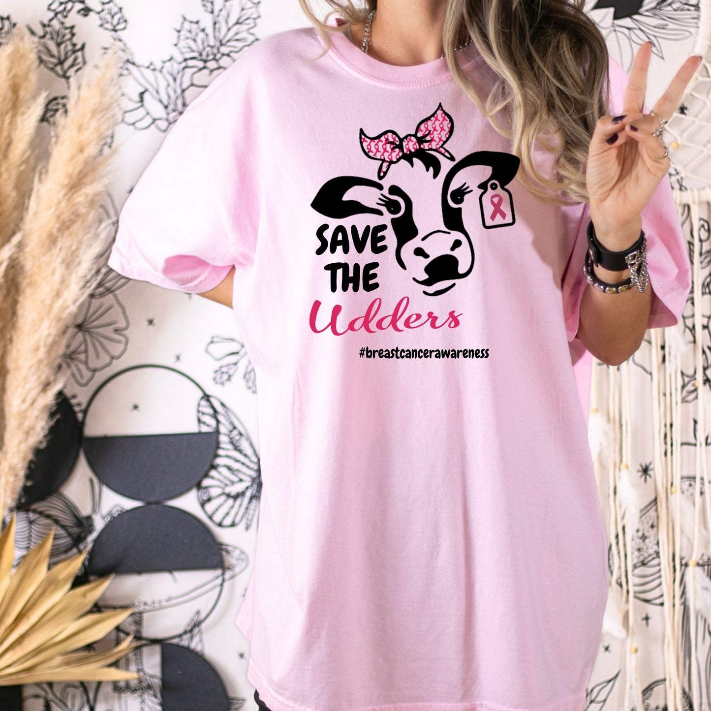 Cow Graphic Tee – Funny Farm Shirt – Pink Awareness Support – Save the Udders – Women’s Comfort Fit DTG T-Shirt