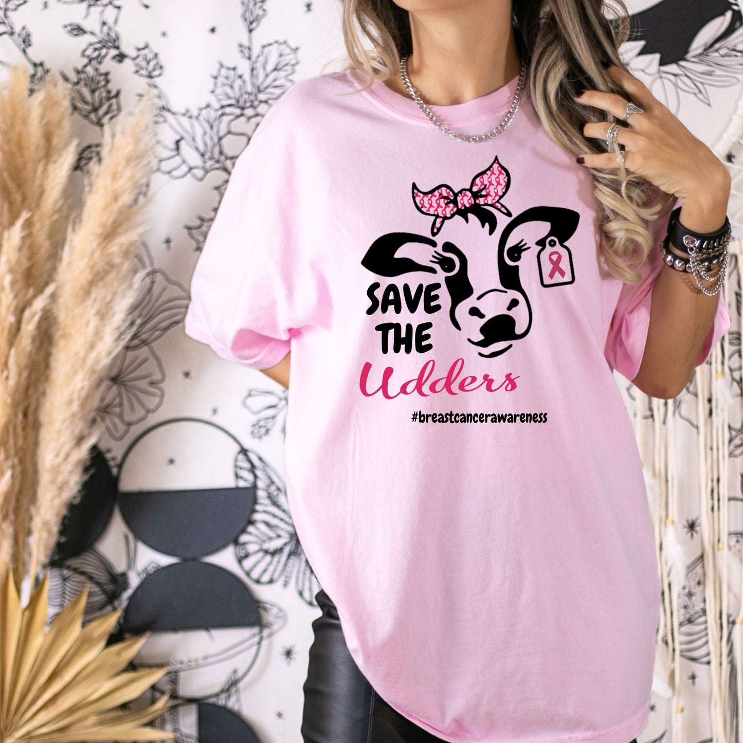 Cow Graphic Tee – Funny Farm Shirt – Pink Awareness Support – Save the Udders – Women’s Comfort Fit DTG T-Shirt