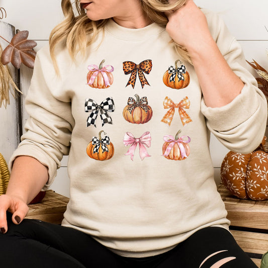 Fall Pumpkins and Bows Crewneck | Cozy Autumn DTG Sweatshirt | Checkered, Leopard & Plaid Bow Pumpkin Design