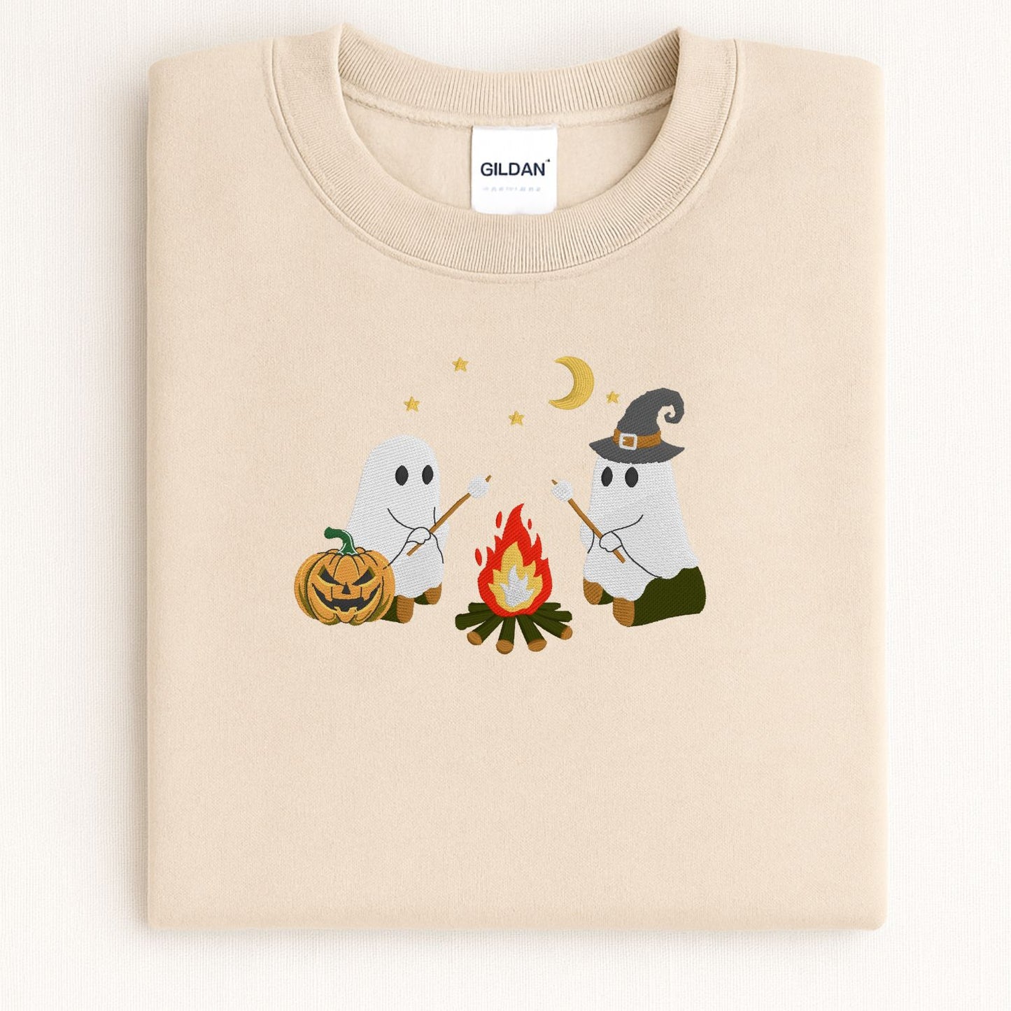 Campfire Ghost Embroidered Sweatshirt | Cute Fall Crewneck | Spooky Season Cozy Pullover