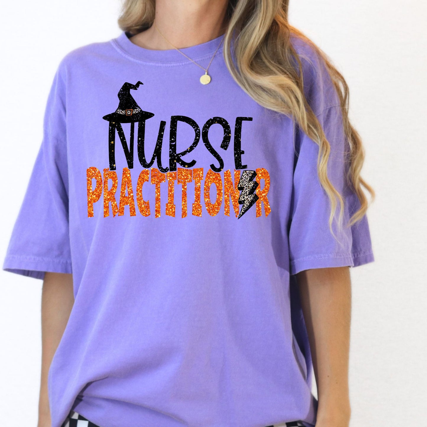 Halloween Nurse Practitioner Graphic Tee – Witch Hat & Lightning Bolt Design – Purple Unisex DTG Shirt