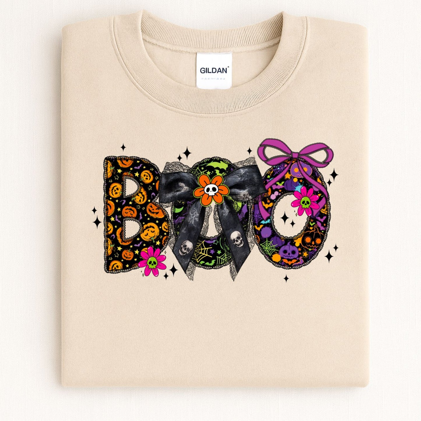 BOO Halloween Shirt – Cute Spooky Bow Graphic Tee | Colorful Pumpkin & Skull Shirt | Pastel Goth Halloween Shirt | Purple Fall Aesthetic Tee