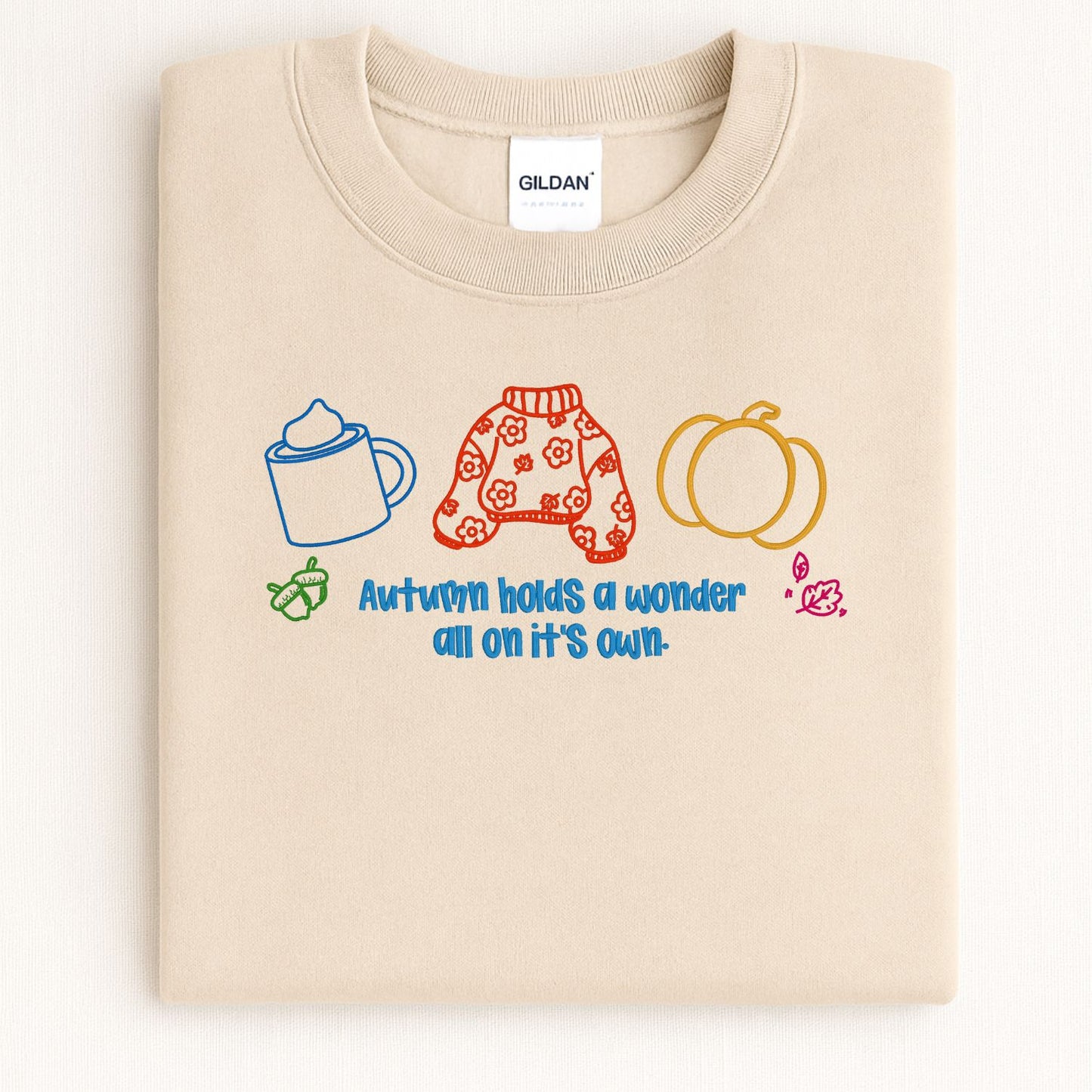 Cozy Autumn Embroidered Sweatshirt – Fall Sweater, Pumpkin, and Coffee Outline – Autumn Quote Embroidery Gift