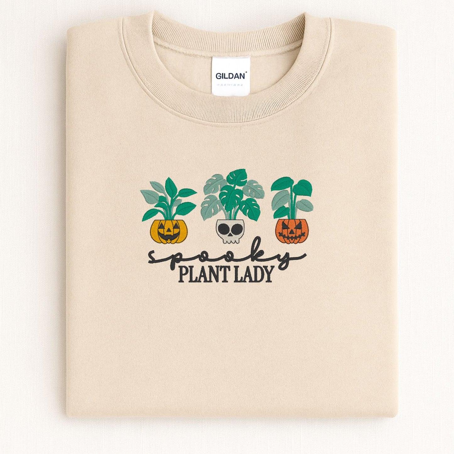 Spooky Plant Lady Halloween Sweatshirt – Jack-o'-Lantern Embroidery – Plant Mom Fall Crewneck