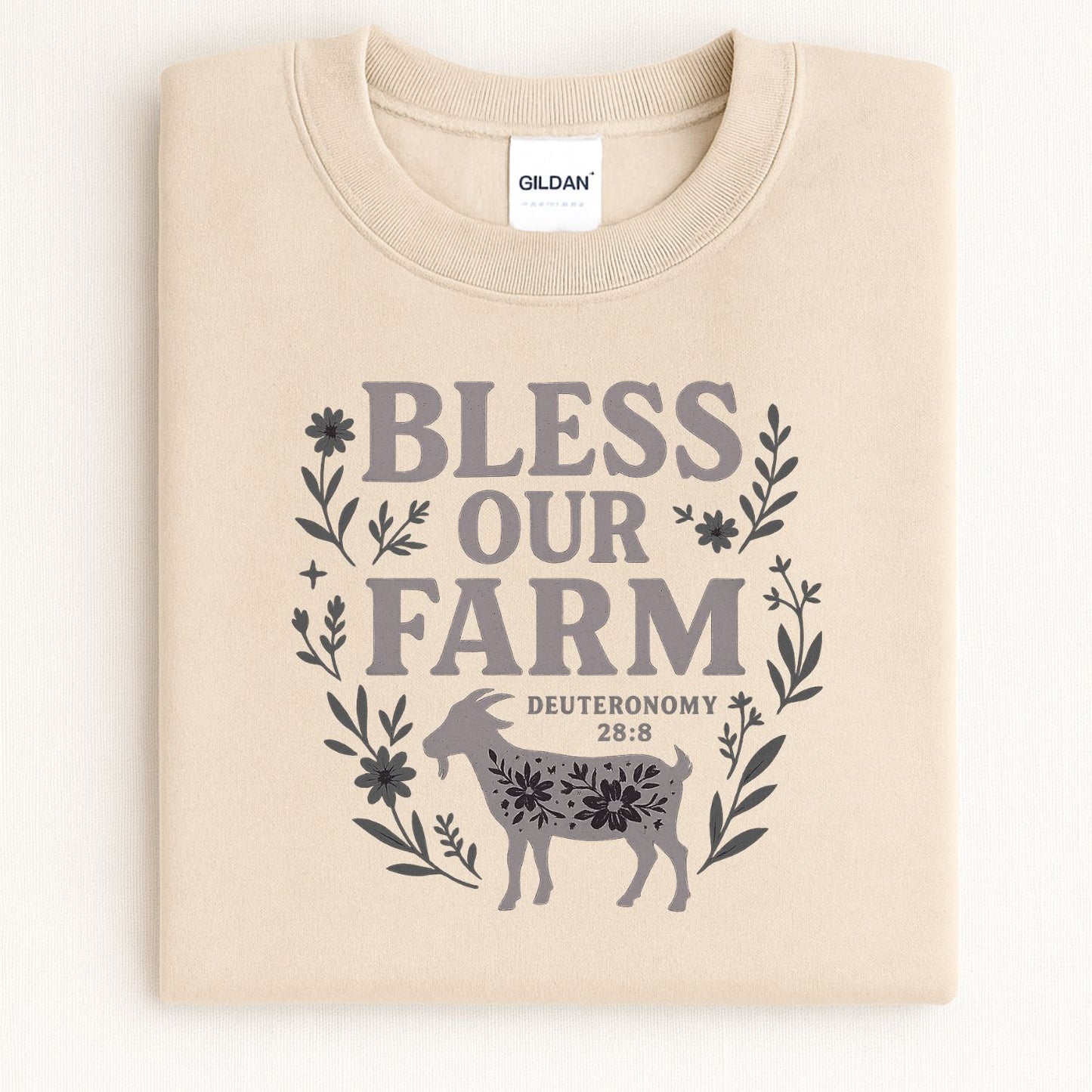 Bless Our Farm Sweatshirt | Inspirational Farm Quote Shirt with Goat and Floral Design | Christian Country Living Pullover
