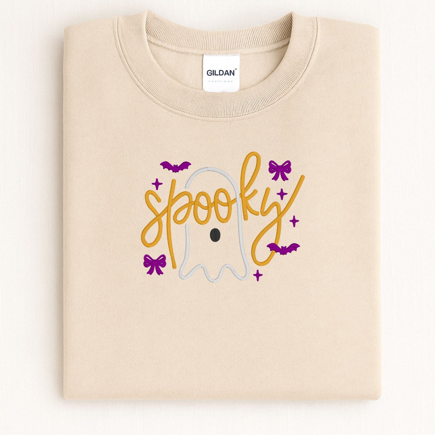 Spooky Cute Ghost Bow Embroidered Halloween Sweatshirt – Cozy Fall Crewneck for Women