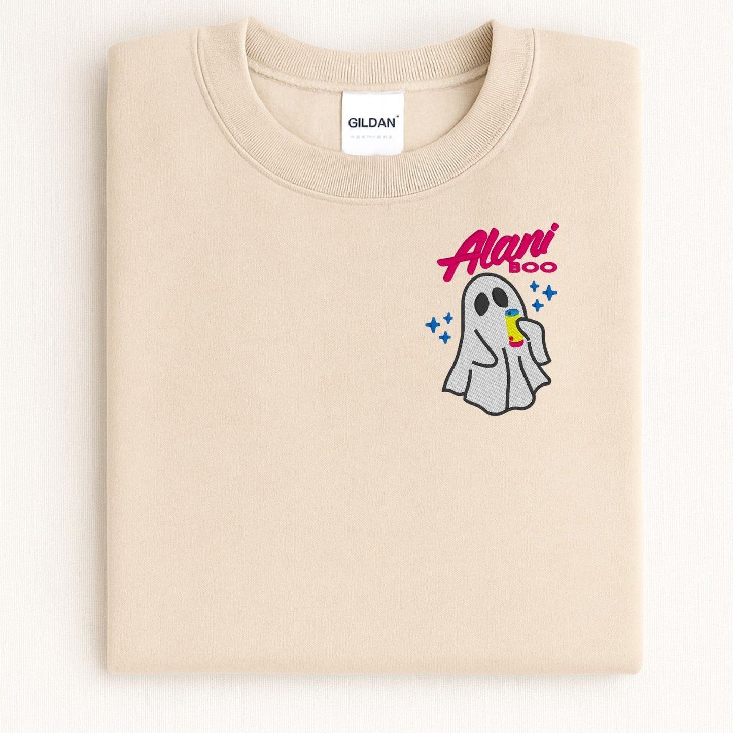 Cozy Ghost Embroidered Sweatshirt – Cute Halloween Pullover with Drink – Fall Autumn Spirit Crewneck – Spooky Season Embroidery Shirt