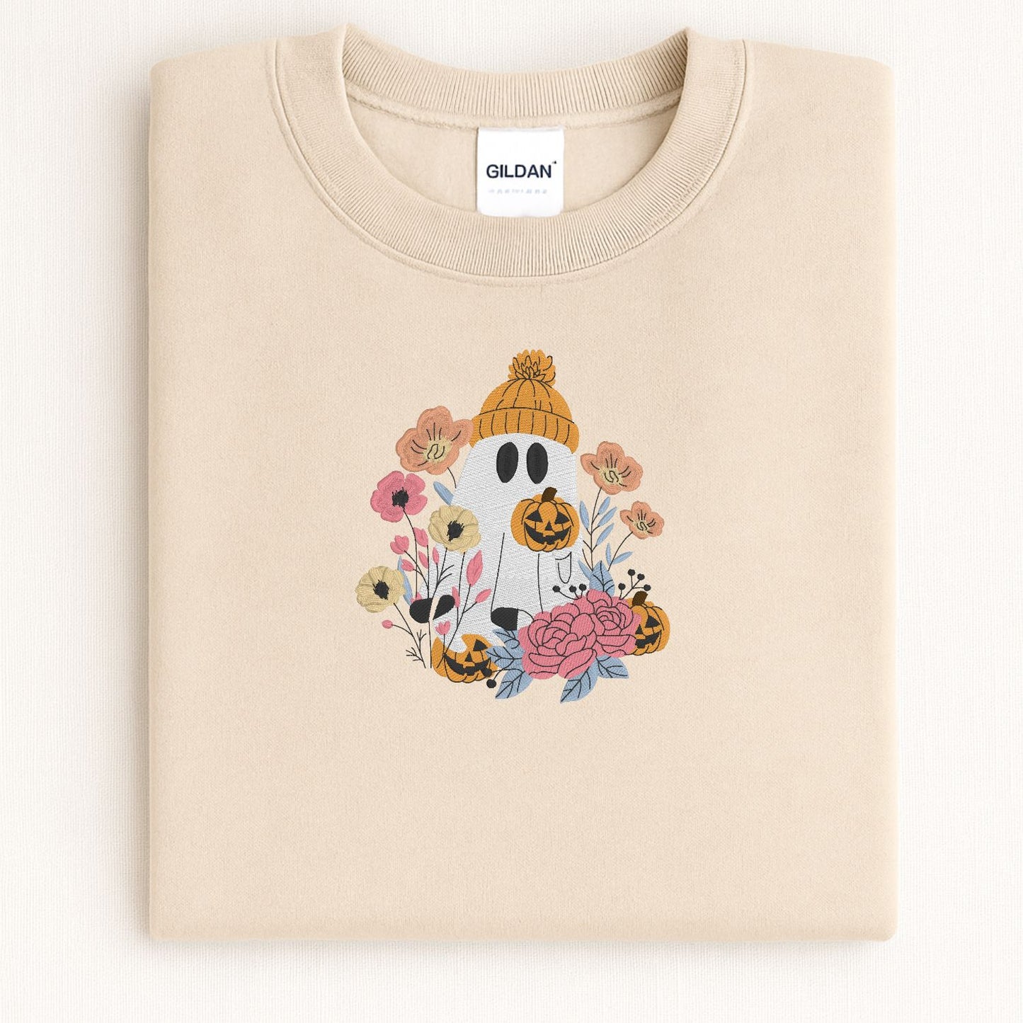 Floral Ghost Sweatshirt – Cozy Fall Embroidered Halloween Pullover