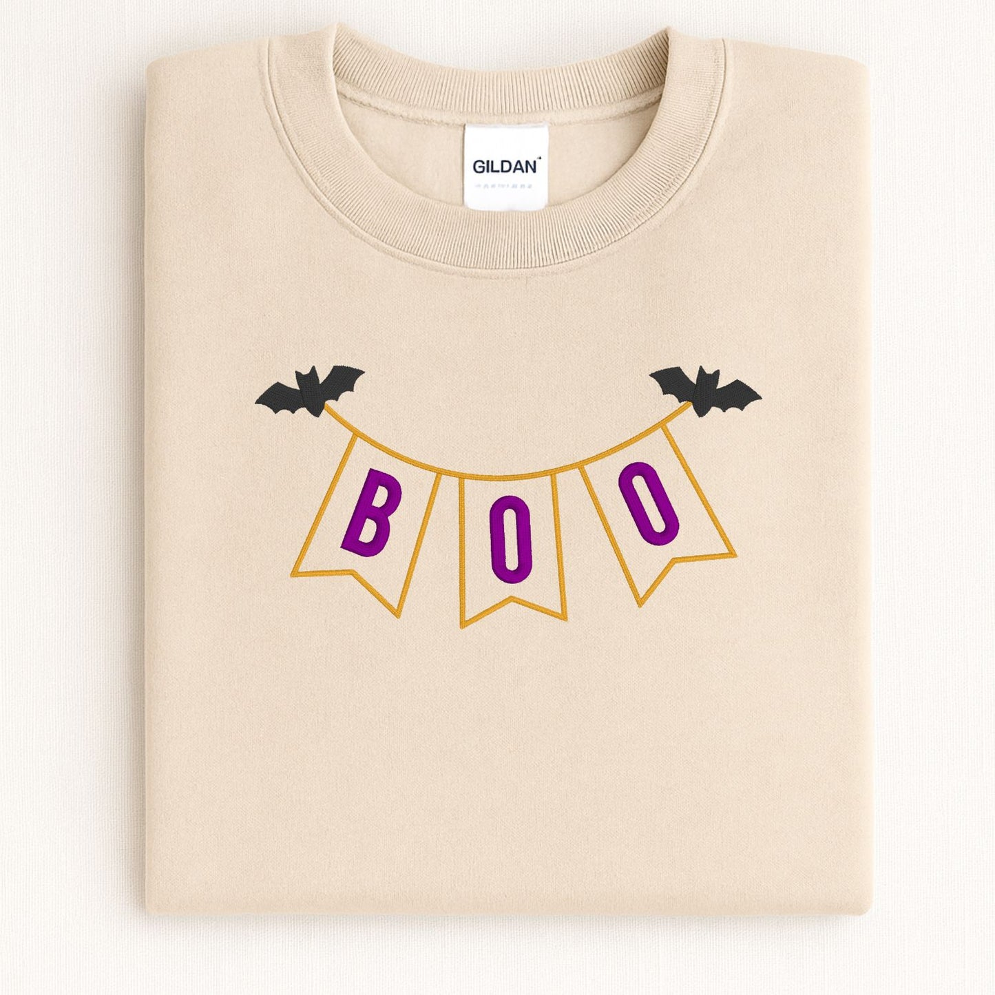 Halloween BOO Banner Applique Embroidery Shirt | Fall Pumpkin Patch Outfit | Spooky Season Sweatshirt | Cute Bats & Pennant Top