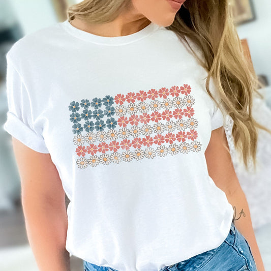 Patriotic floral tshirt or crewneck for women, floral american flag, patriotic holiday, 4th july tshirt