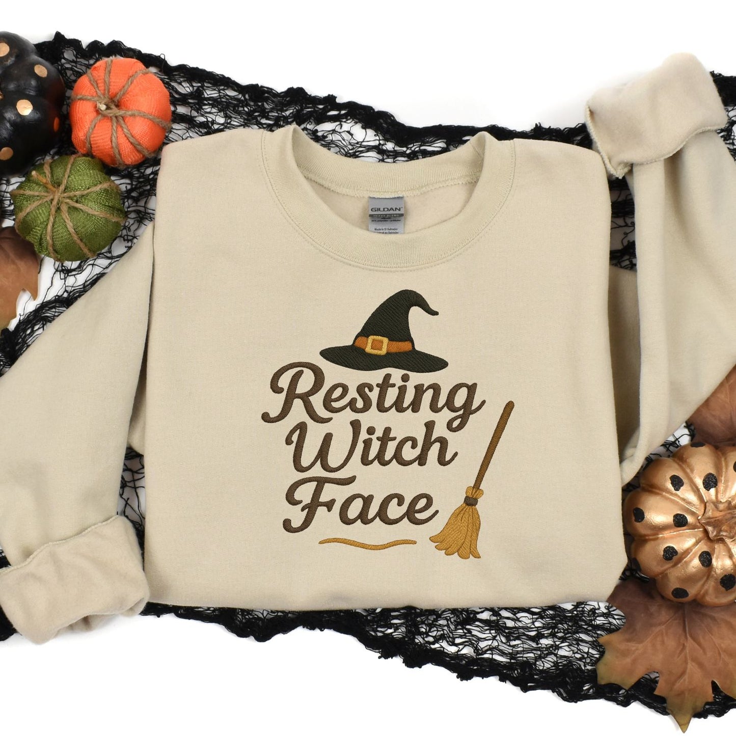Witchy Embroidered Halloween Sweatshirt – Cozy “Resting Witch Face” Pullover for Spooky Season Vibes