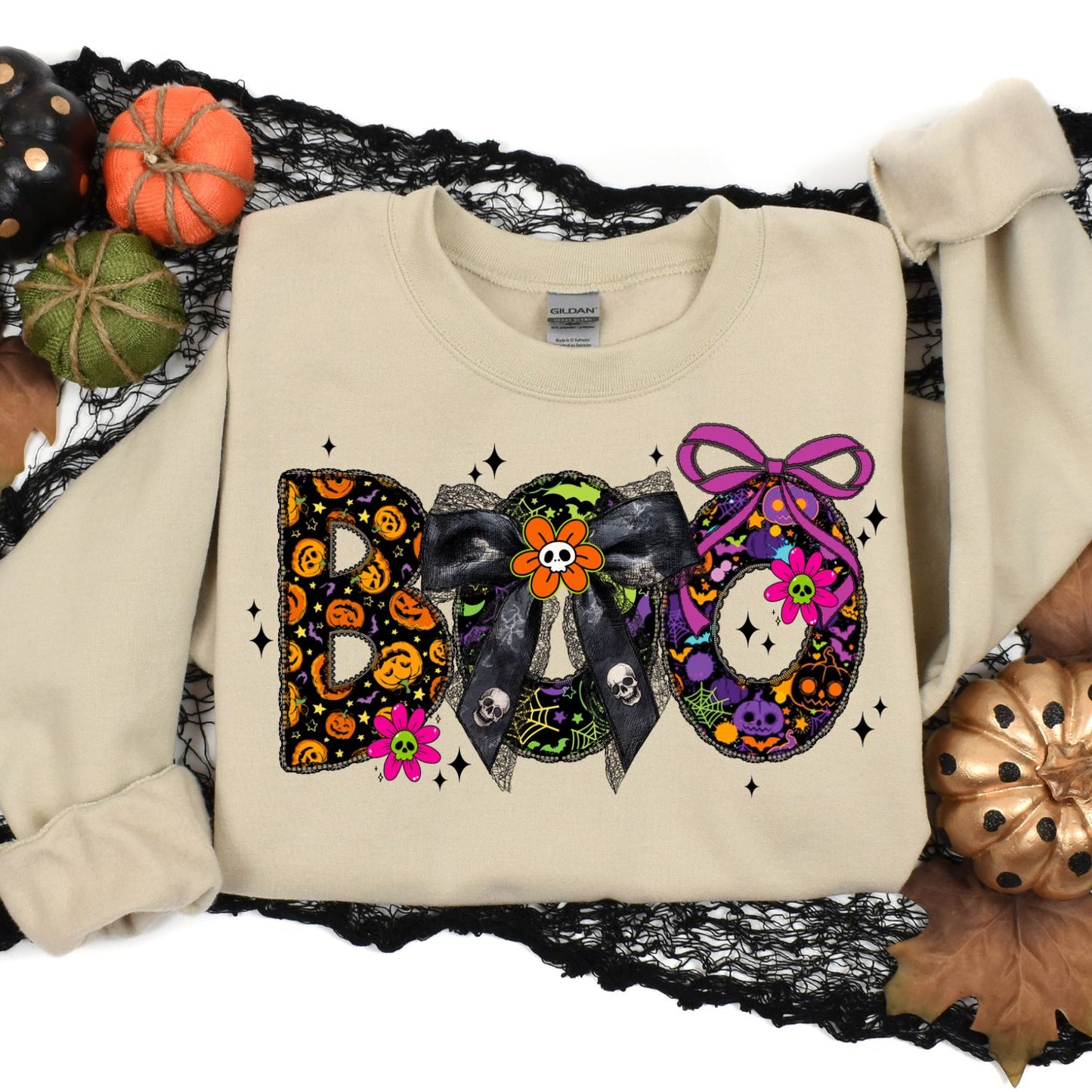 BOO Halloween Shirt – Cute Spooky Bow Graphic Tee | Colorful Pumpkin & Skull Shirt | Pastel Goth Halloween Shirt | Purple Fall Aesthetic Tee
