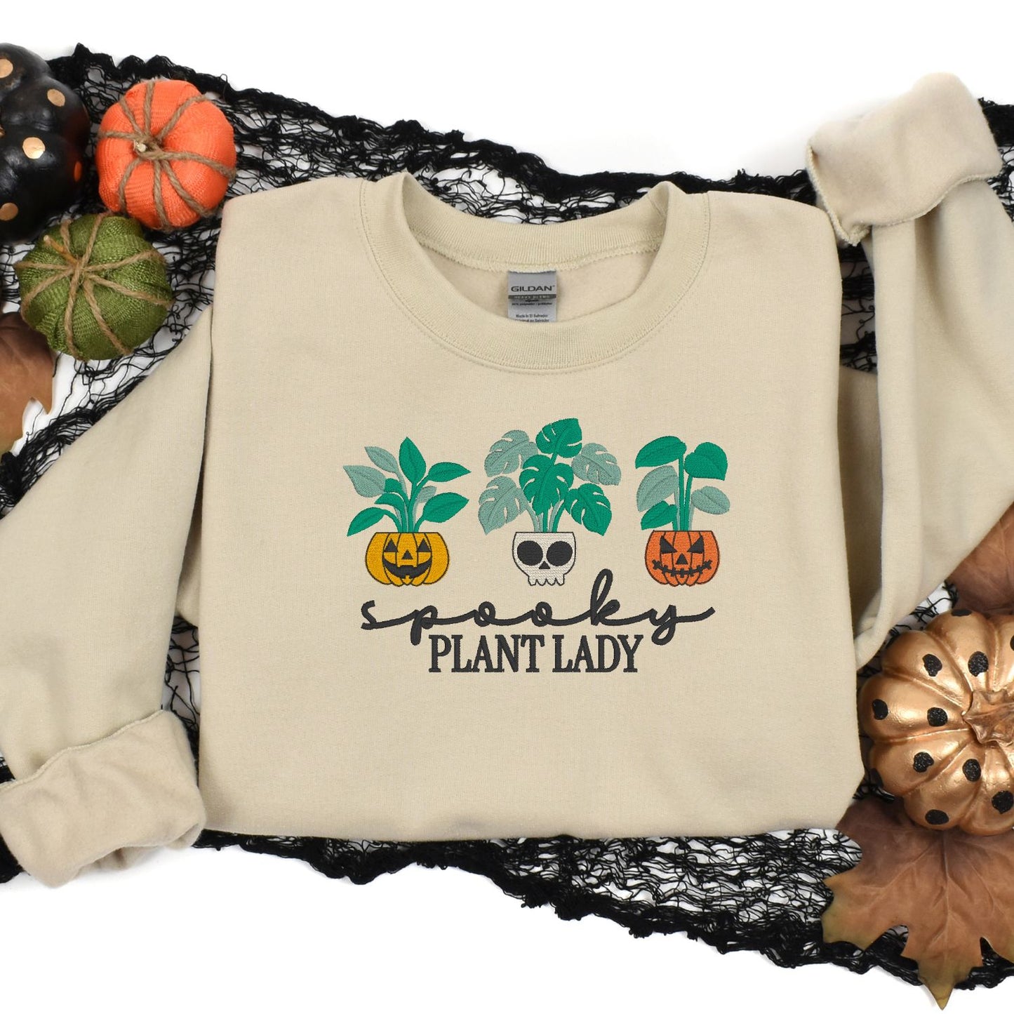Spooky Plant Lady Halloween Sweatshirt – Jack-o'-Lantern Embroidery – Plant Mom Fall Crewneck