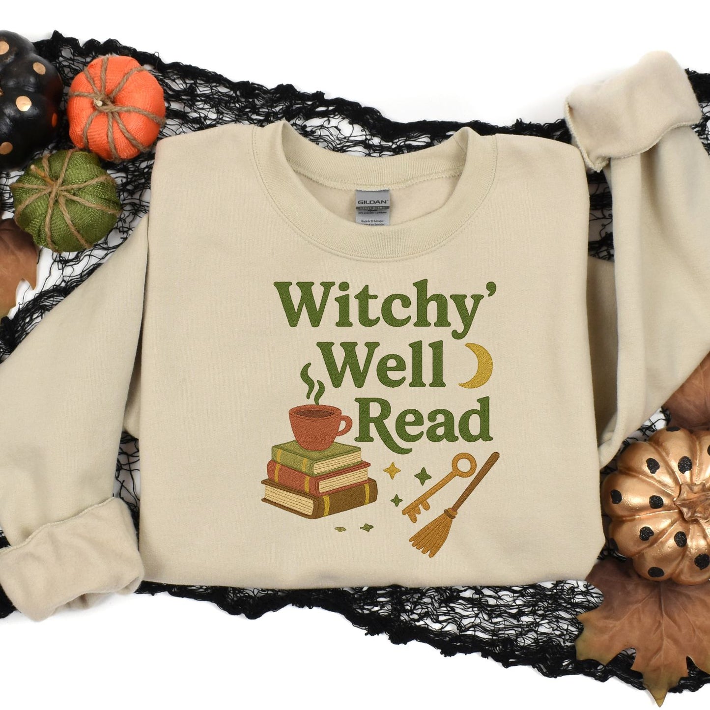 Witchy Book Lover Embroidered Sweatshirt – Spooky Autumn Cozy Reading Crewneck