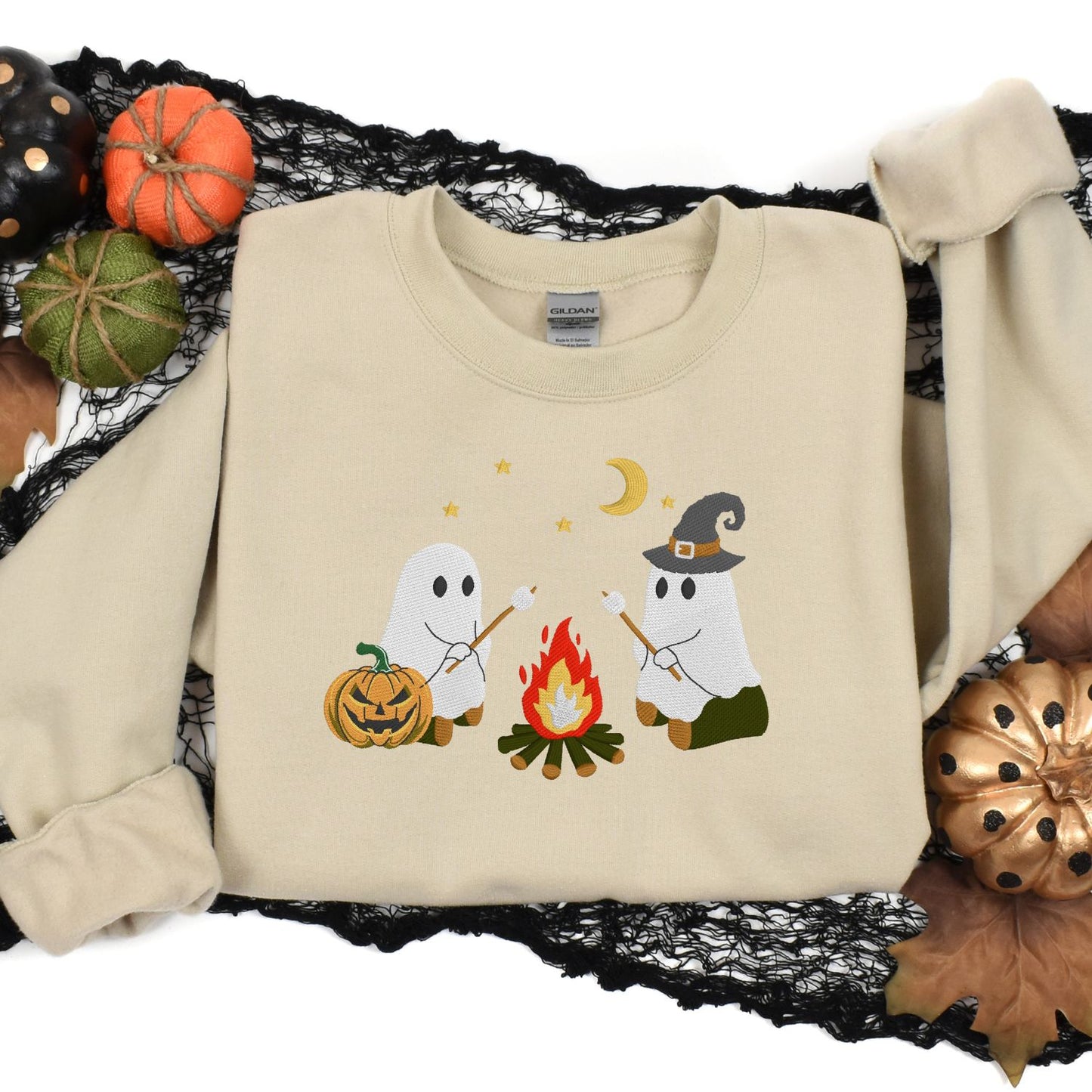 Campfire Ghost Embroidered Sweatshirt | Cute Fall Crewneck | Spooky Season Cozy Pullover