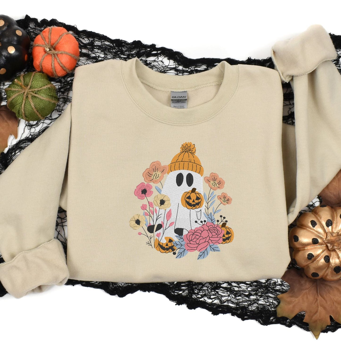 Floral Ghost Sweatshirt – Cozy Fall Embroidered Halloween Pullover