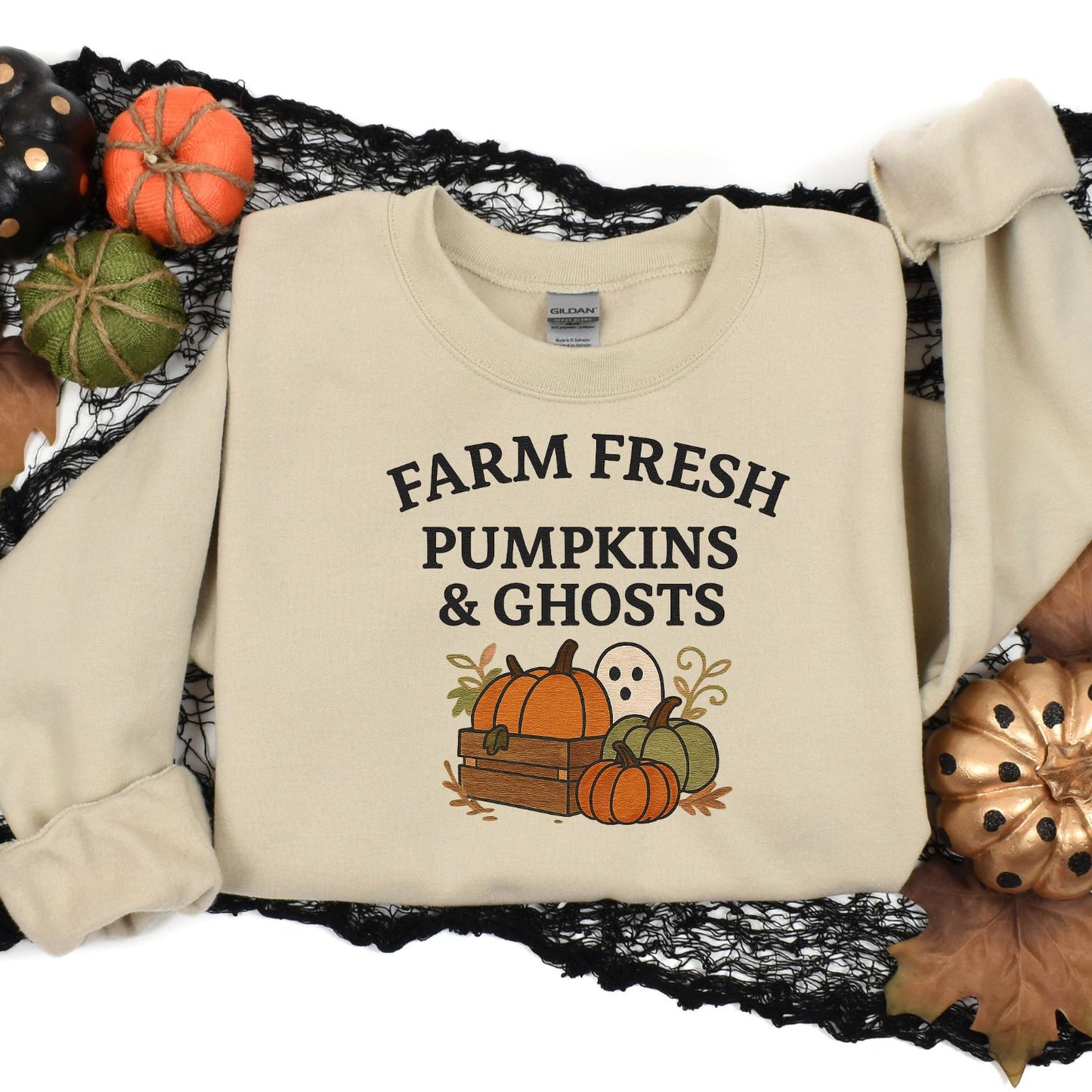 Farm Fresh Halloween Sweatshirt – Ghost & Pumpkin Embroidery Fall Crewneck
