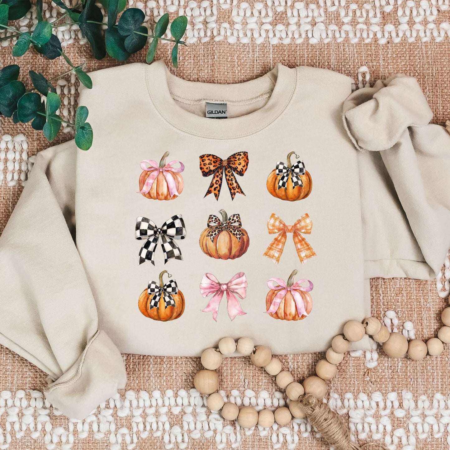 Fall Pumpkins and Bows Crewneck | Cozy Autumn DTG Sweatshirt | Checkered, Leopard & Plaid Bow Pumpkin Design