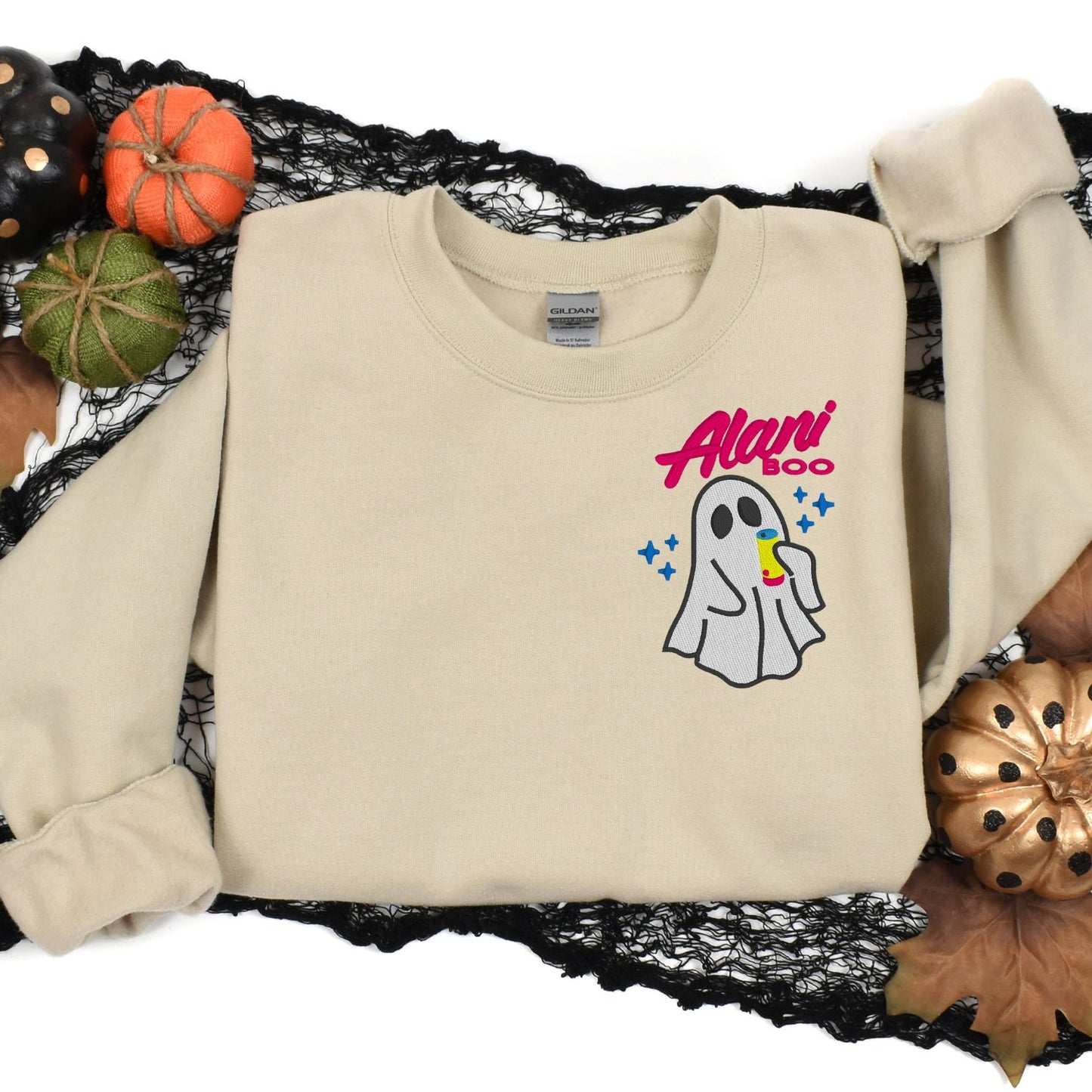 Cozy Ghost Embroidered Sweatshirt – Cute Halloween Pullover with Drink – Fall Autumn Spirit Crewneck – Spooky Season Embroidery Shirt