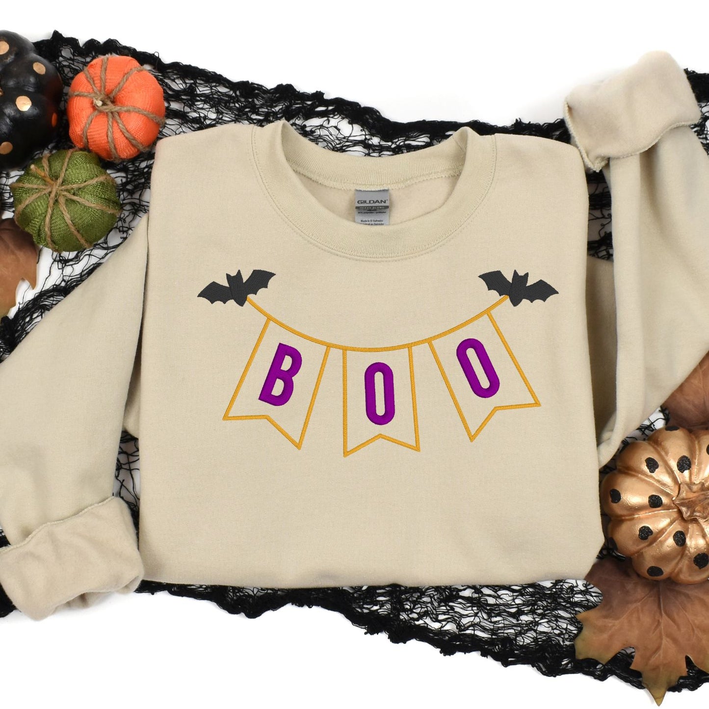 Halloween BOO Banner Applique Embroidery Shirt | Fall Pumpkin Patch Outfit | Spooky Season Sweatshirt | Cute Bats & Pennant Top