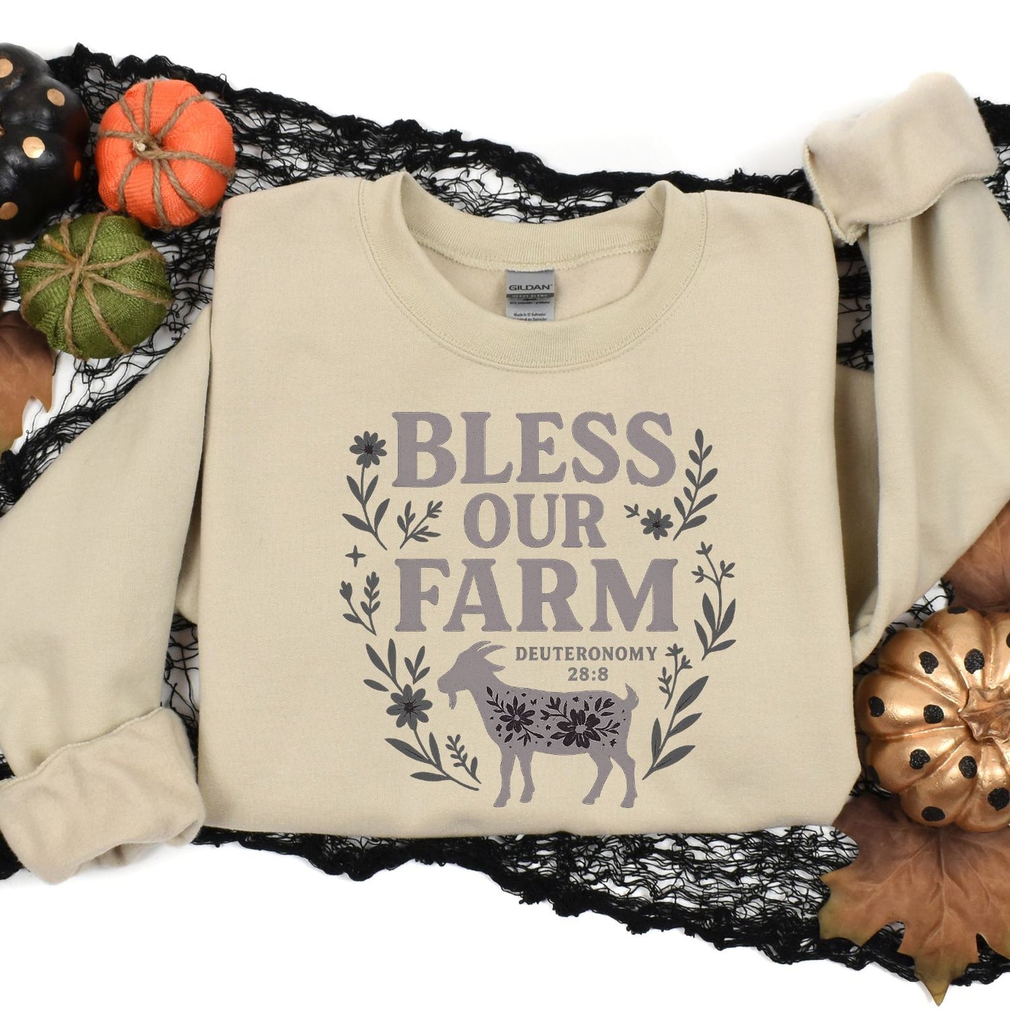 Bless Our Farm Sweatshirt | Inspirational Farm Quote Shirt with Goat and Floral Design | Christian Country Living Pullover