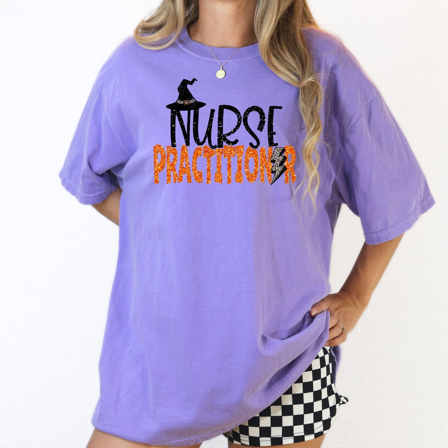 Halloween Nurse Practitioner Graphic Tee – Witch Hat & Lightning Bolt Design – Purple Unisex DTG Shirt