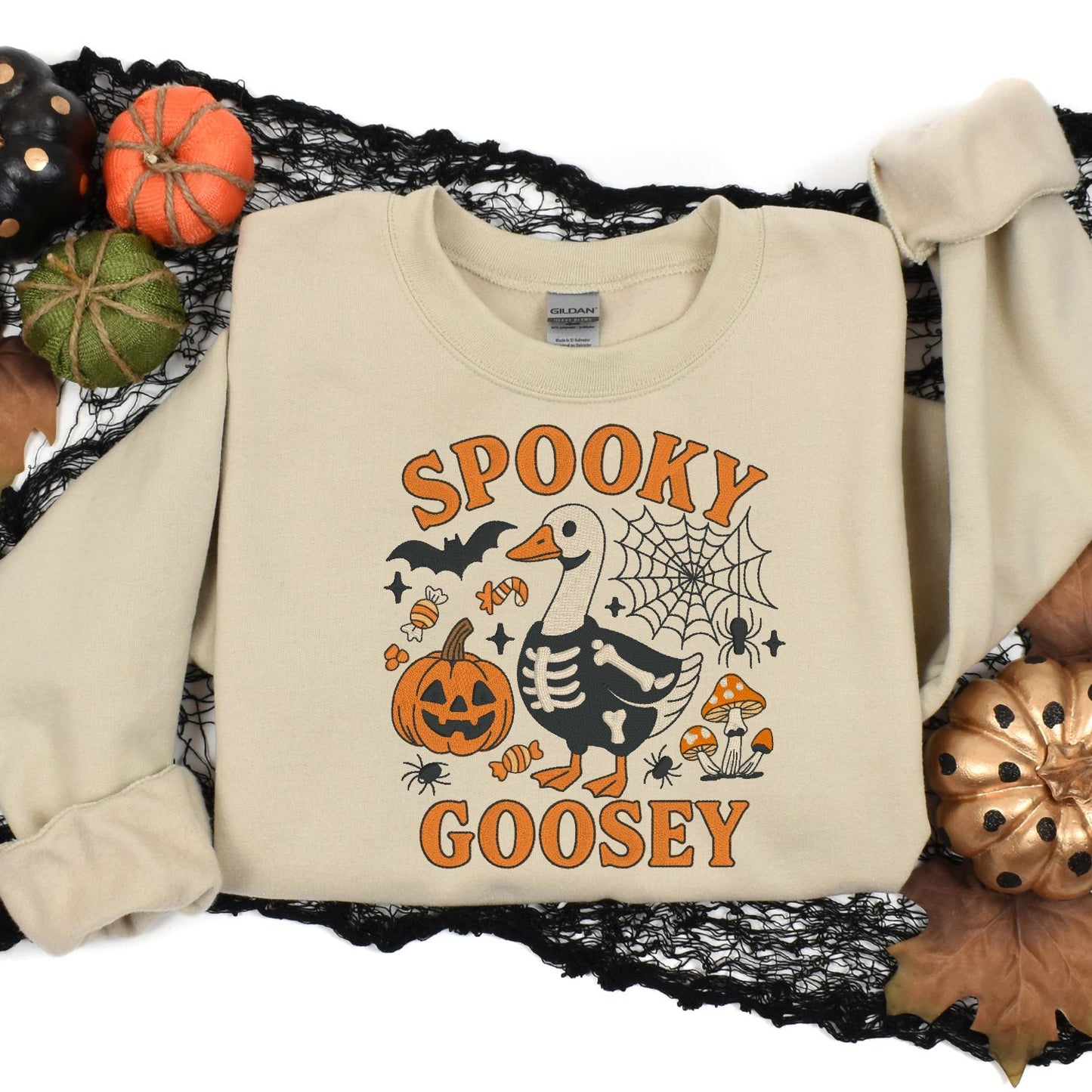 Spooky Goose Skeleton Embroidered Halloween Sweatshirt – Funny Fall Crewneck