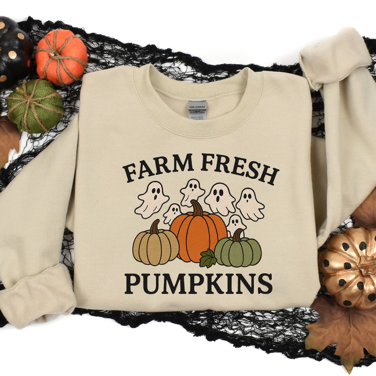Farm Fresh Pumpkins and Ghosts Sweatshirt – Cozy Fall Embroidered Crewneck for Autumn Lovers