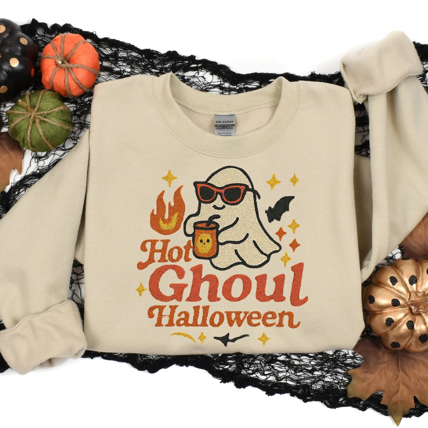 Hot Ghoul Halloween Embroidered Sweatshirt | Cozy Fall Ghost Crewneck | Spooky Season Pullover for Women