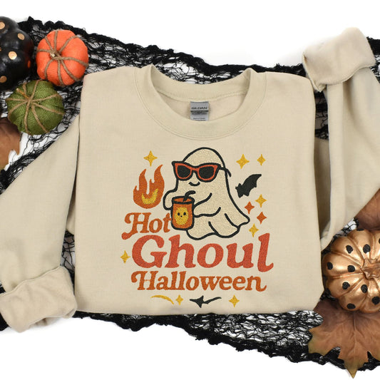 Hot Ghoul Halloween Embroidered Sweatshirt | Cozy Fall Ghost Crewneck | Spooky Season Pullover for Women