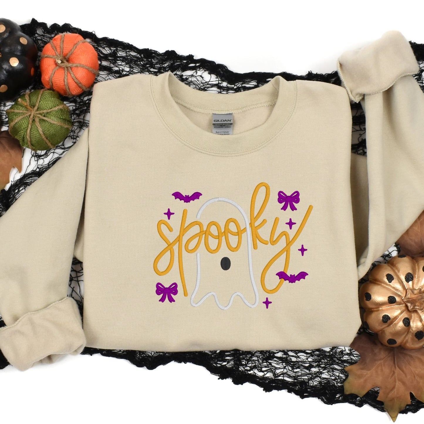 Spooky Cute Ghost Bow Embroidered Halloween Sweatshirt – Cozy Fall Crewneck for Women