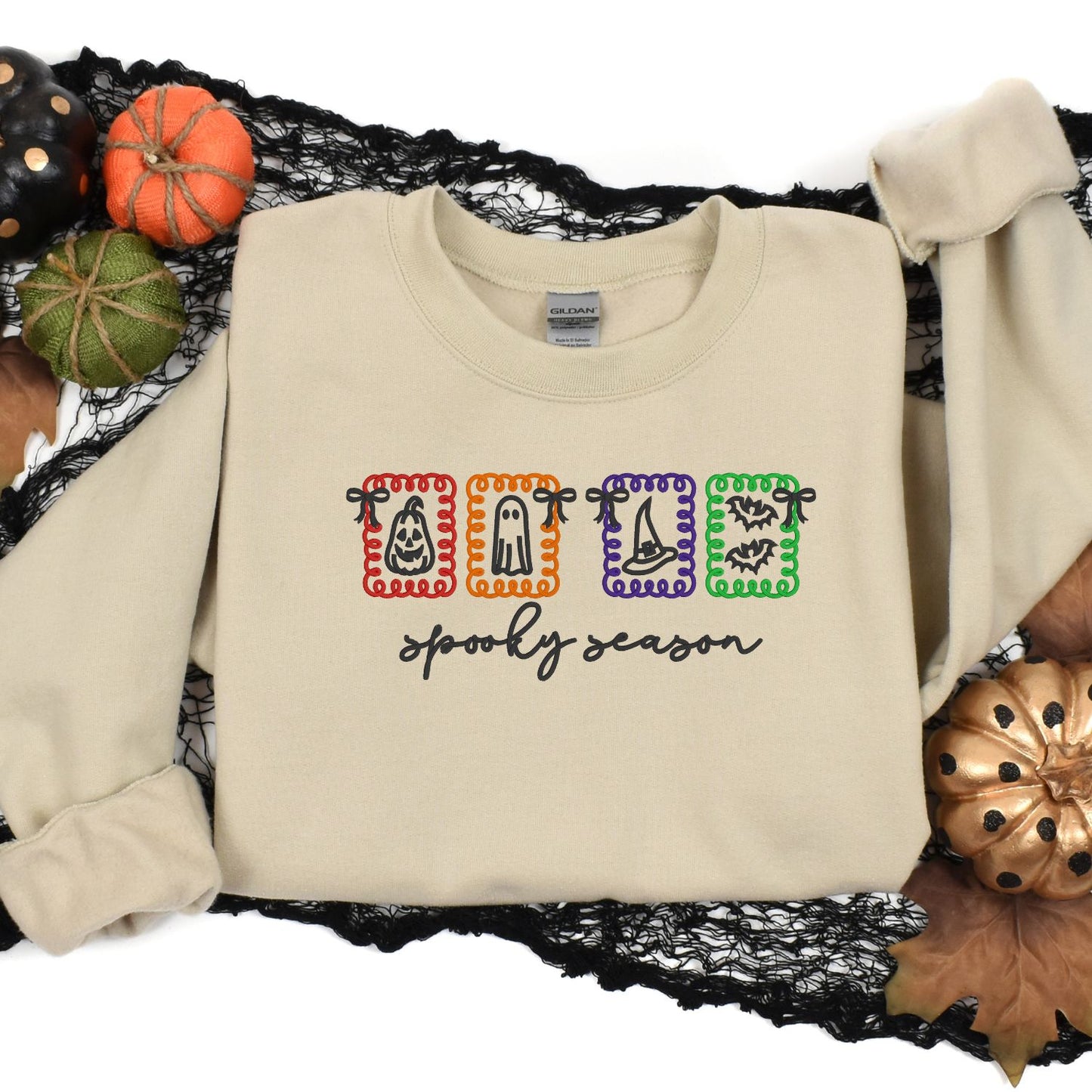 Spooky Season Embroidered Halloween Sweatshirt – Cute Ghost Fall Crewneck for Women