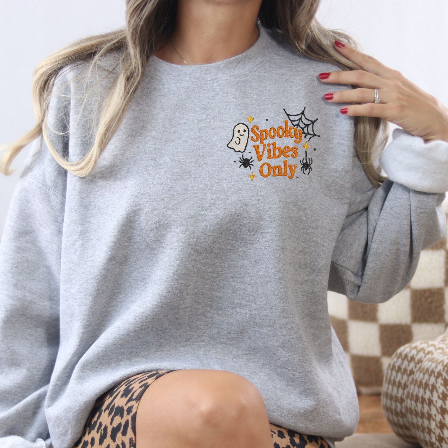 Spooky Ghost Embroidered Halloween Crewneck | Fall Cozy Sweatshirt | Cute Spiderweb Ghost Sweater